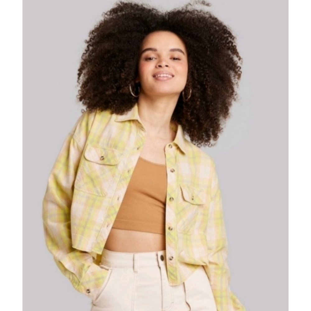 Wild Fable Long Sleeve Cropped Button down top Yellow Plaid Size M